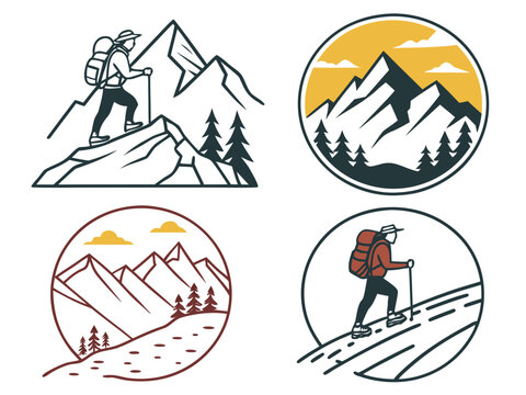 sophisticated mountain-themed badge icons inspired by alpine landscapes. Include snowy peaks, cliffs, valleys, forest silhouettes, lakes, hiking routes, and sun symbols. Use a minimalist 