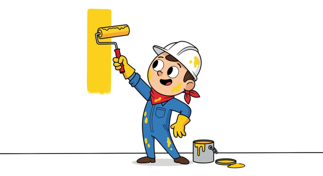 Cheerful cartoon handyman painting a white wall with a yellow roller brush wearing safety gear for professional home renovation work