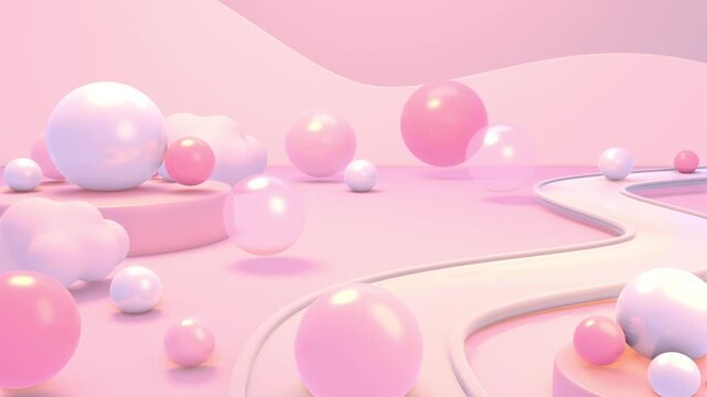 Dreamy pastel pink room with glossy pearl balls animation. (loop)