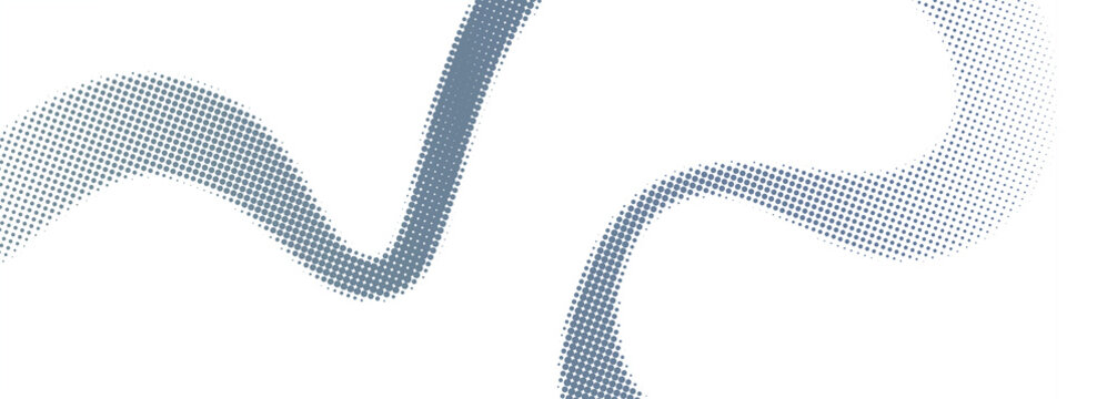 Halftone Background blue dotted wave with abstract flowing particle ribbon, modern technology geometric digital backdrop design
