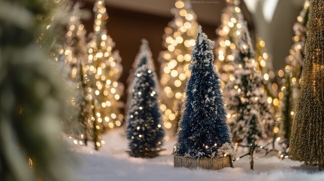Winter scene with decorated trees and lights at a holiday display in a public place