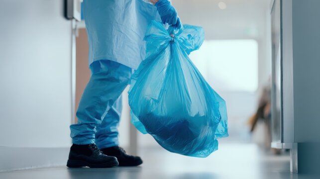 Medical staff collects waste in blue bag in hospital corridor during daytime