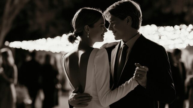 Couple dancing closely at an evening event with string lights in the