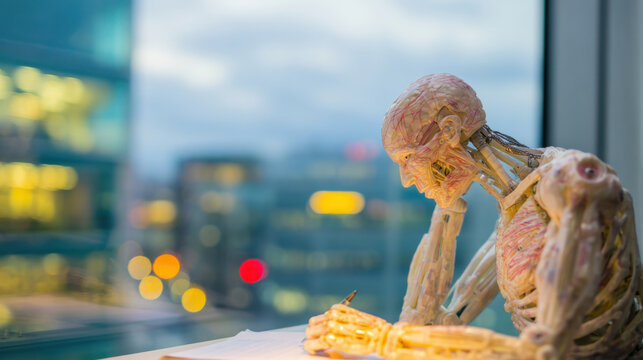 Skeleton model writes notes by the window in a city setting during twilight