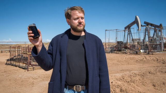 Man holding a glass container in an oil field with machinery under a clear sky in the background