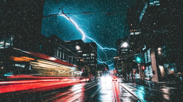 Lightning strikes during a storm at night on a busy city street with moving vehicles