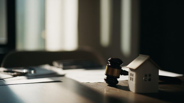 Gavel and small house model on a wooden table in a legal office by a window