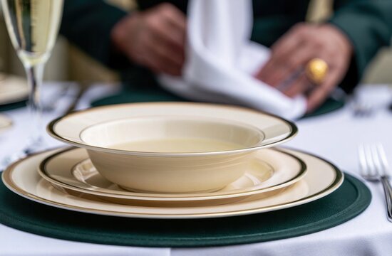 Formal table setting with stacked plates and a napkin being folded