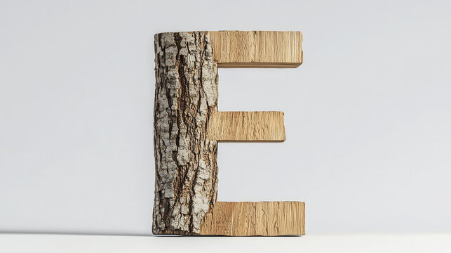 Wooden letter E with tree bark texture, showcasing natural and rustic design that evokes warmth and creativity