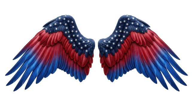 Pair of spread angel wings painted with the american flag pattern isolated on transparent background
