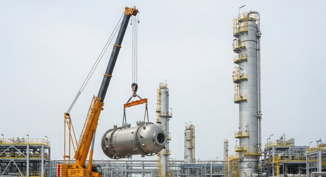 Industrial crane lifting large heavy equipment at a chemical plant facility with towering structures.