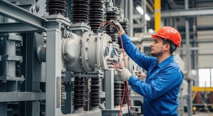 Fototapeta premium Industrial Electrician Performing Maintenance on High-Voltage Equipment in Factory Setting