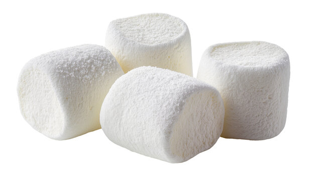 Four fluffy white marshmallows dusted with sugar, isolated on transparent background