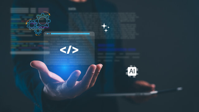 A hand holding a holographic code symbol with AI and gear icons, representing programming, artificial intelligence, and technology integration.