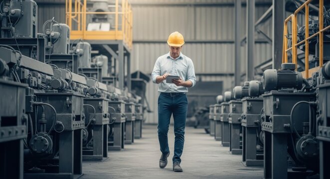 Industrial manager in yellow hard hat walks through factory floor with tablet, inspecting machinery and operations