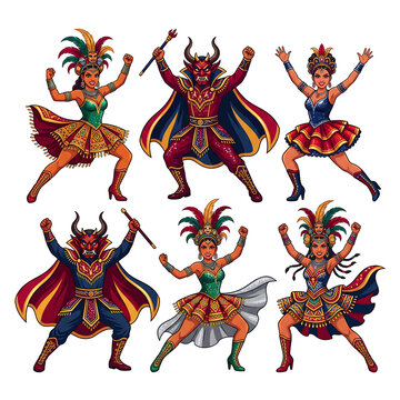 Vibrant flat-vector illustration of six Bolivian Diablada dancers arranged in two rows of three on pure white background