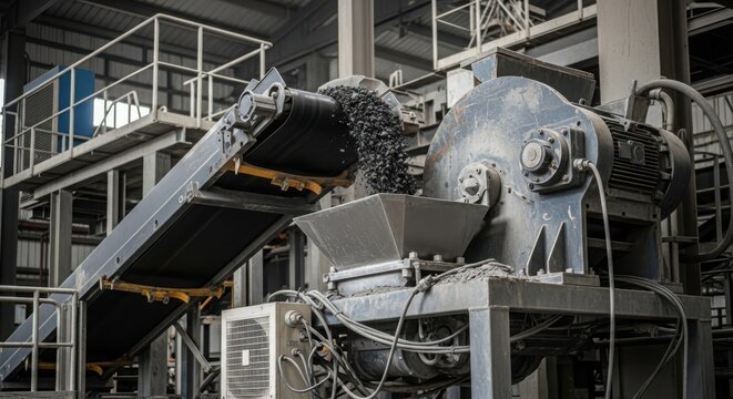 Industrial mineral crusher system processing fragmented material on a conveyor belt for efficient size reduction in a manufacturing plant