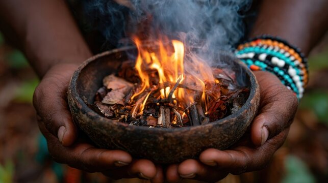 Dark skinned hands holding a rustic clay bowl with burning fire and smoke