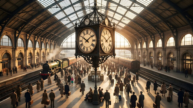 Busy vintage train station with a large central clock and numerous travelers on platforms.