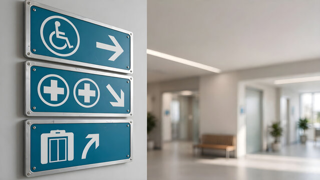 Accessible wayfinding signs with medical services and elevator directions in modern public building