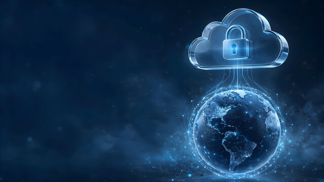 Locked cloud connected to digital globe representing global cloud security and protected data