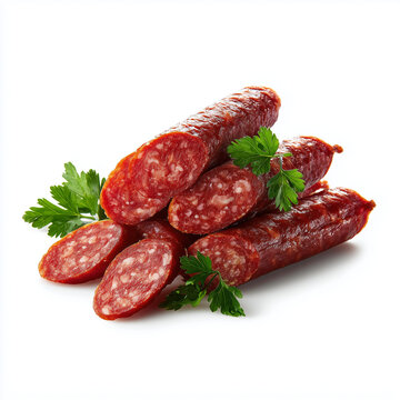 Sliced Smoked Hunting Sausages Heap Isolated