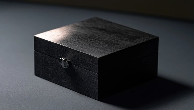 Dark wood storage box with metal clasp on dark gray surface