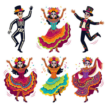 Vibrant flat-vector illustration of six Mexican Day of the Dead performers arranged in two rows of three on pure white background