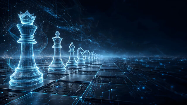 Glowing digital chess king leading a line of pieces across futuristic circuit board