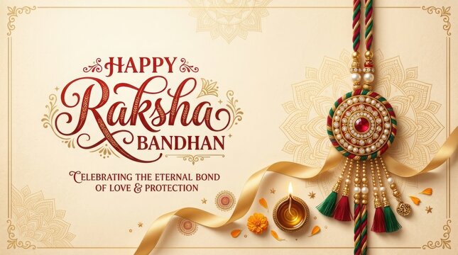 Happy raksha bandhan greeting card with ornate rakhi decorative element and lit diya.