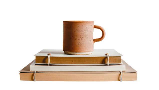 Earthenware mug resting on stack of books, isolated on transparent background