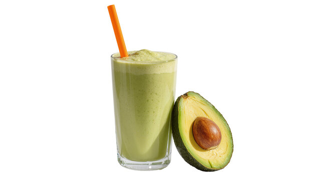 Green avocado smoothie in tall glass with orange straw half avocado, isolated on transparent background