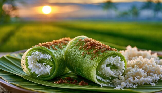 Rolled green dadar gulung cakes with coconut filling on banana leaf and shredded coconut at sunset over rice field