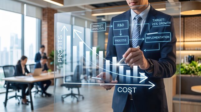 Corporate executive analyzing profit and cost charts on glass board, strategic planning for market growth, R&D implementation process, financial management and business successs