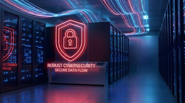 Cybersecurity concept with glowing red shield and padlock icon in a modern data center server room