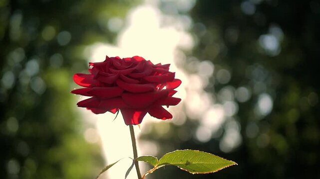 beautiful red rose blooming in nature garden with bright sun light flare and blur forest background botanical flora plant summer spring blossom outdoor park scenery flowers petals details. landscape