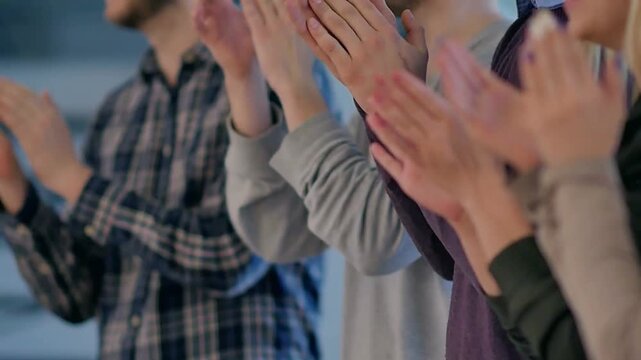 conference business people hands Applause in office for achievement, motivation success. Celebration, congratulations support with excited employee team clapping in convention Meeting room. man woman