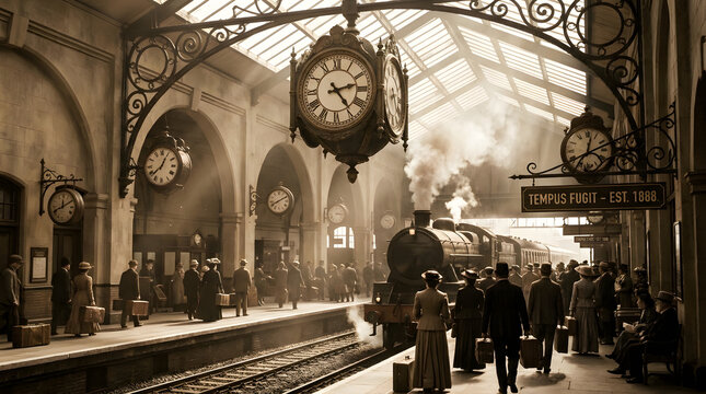 Vintage train station scene with clocks and people dressed in 19th century attire.