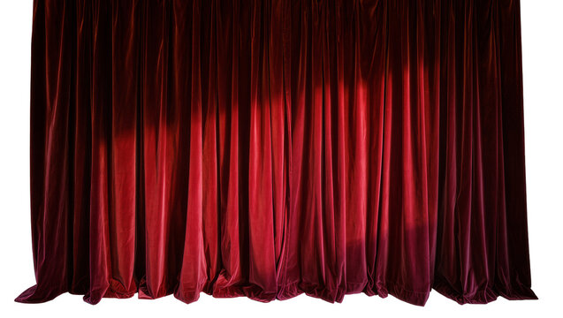 Heavy velvet theater curtains with deep red color, isolated on transparent background