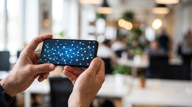 Hands holding smartphone displaying blue digital network connection dots and lines, global communication technology, social media networking, internet data transfer, mobile app