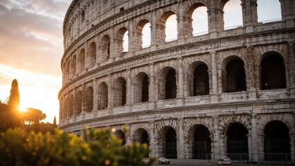 Obraz premium Colosseum in Rome Italy showcasing ancient stone architecture during a warm sunset light.