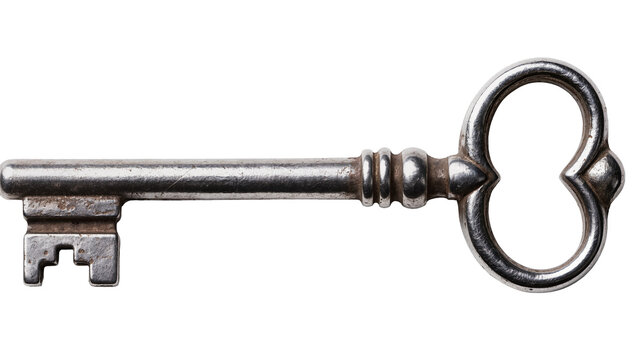 Antique silver skeleton key with ornate bow, isolated on transparent background
