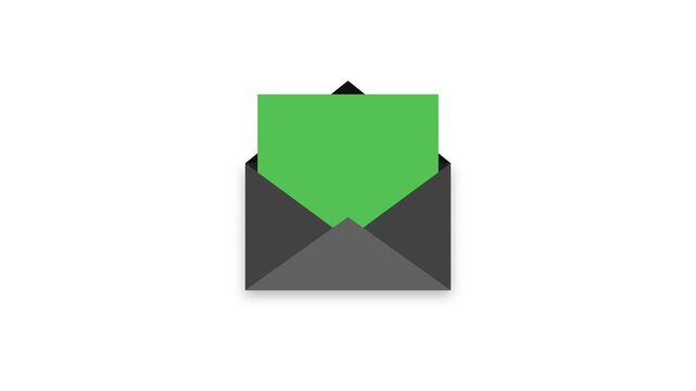 Flat design black envelope animation opening to reveal a green screen letter on a white background. digital communication template concept