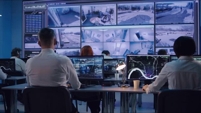 Security control center room with people work on computers and big screen showing cctv surveillance cameras footage for safety monitoring system network technology office data protection 4k. military