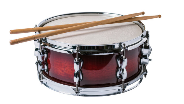 Red snare drum with wooden drumsticks, isolated on transparent background