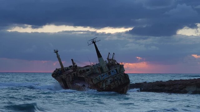 Shipwrecked rusty cargo ship rocking in stormy sea at sunset