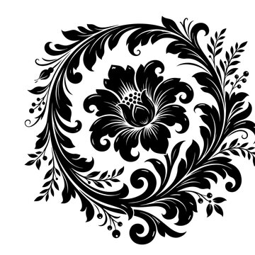 Circular floral wreath frame with a central blooming flower and intricate swirling acanthus leaves on a white background