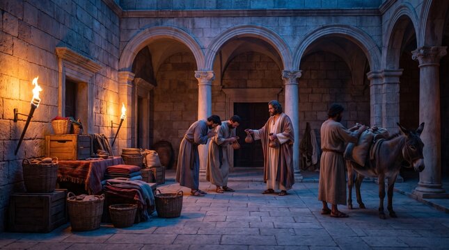 A wealthy master hands money bags to bowing servants in the Parable of the Talents, wide shot in an ancient stone courtyard at night with torch light in a New Testament biblical scene.