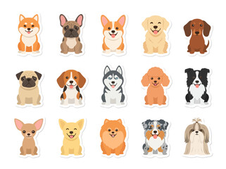 Fototapeta premium A collection of fifteen cute cartoon dog breeds arranged in a grid pattern.