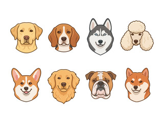 Obraz premium A collection of eight different dog breed head illustrations in a flat vector style.